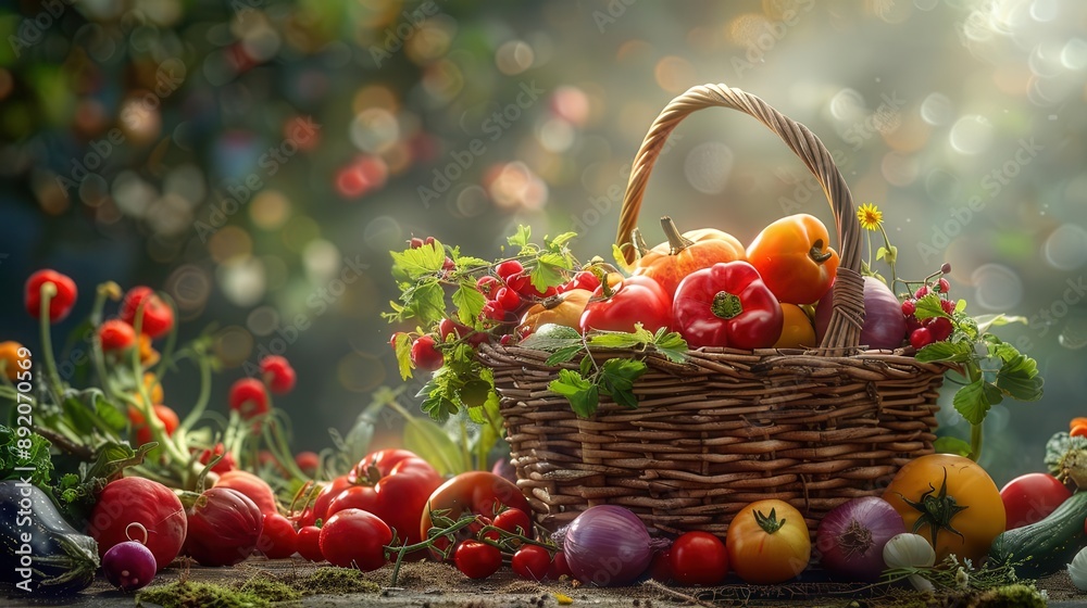 A wicker basket overflowing with fresh, colorful fruits and vegetables in a lush garden setting. A wicker basket overflowing with fresh, colorful fruits and vegetables in a lush garden setting.