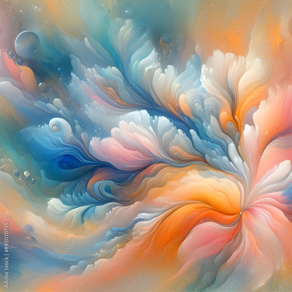 Fototapeta premium Whimsical Pastel and Bright Colored Abstract Digital Art with Flowing Clouds and Ethereal Atmosphere