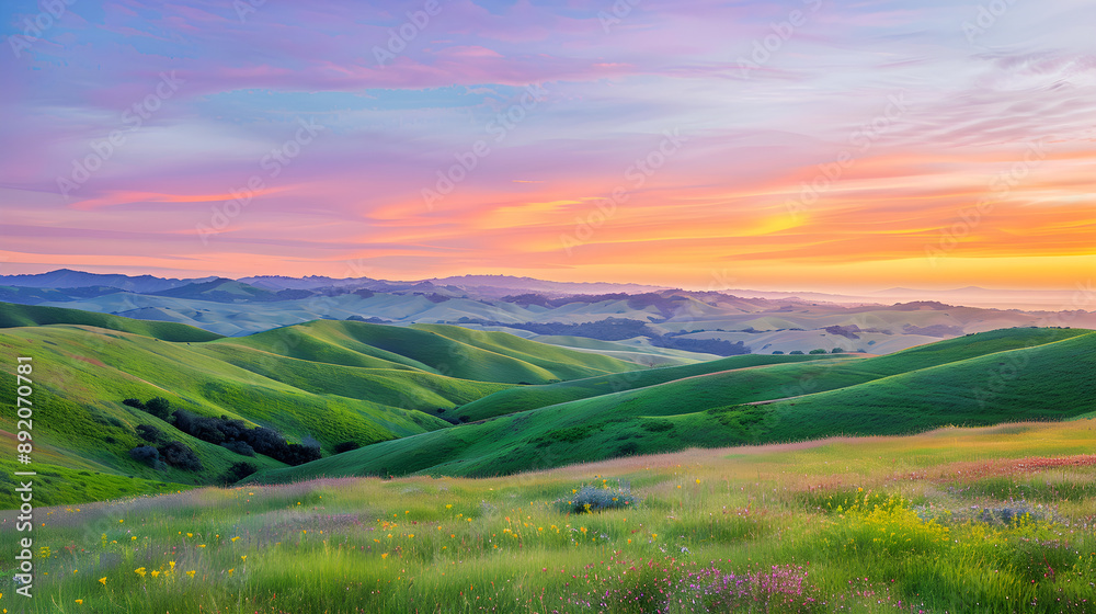 Golden Morning Glow Over Serene Rolling Hills with Wildflowers and Flaming Sky Gradient Golden Morning Glow Over Serene Rolling Hills with Wildflowers and Flaming Sky Gradient