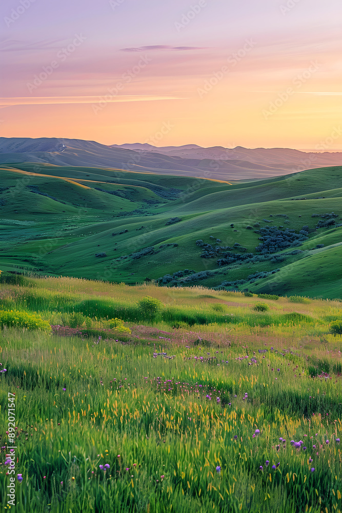 Golden Morning Glow Over Serene Rolling Hills with Wildflowers and Flaming Sky Gradient