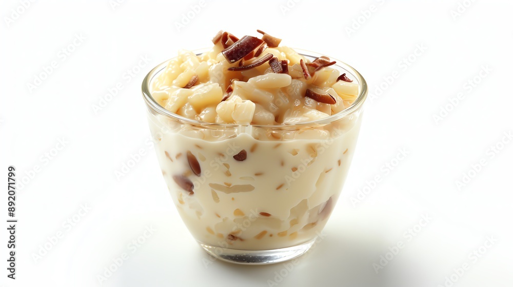 A view of Rice Pudding isolated white background, studio light for focused advertising A view of Rice Pudding isolated white background, studio light for focused advertising
