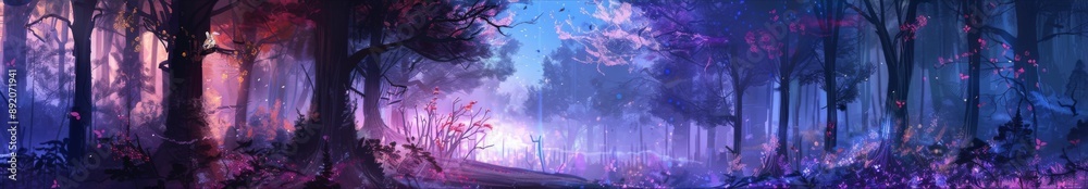 Fototapeta premium Enchanted Twilight Anime Forest: A Mystical Anime-Themed Woodscape at Dusk, Inviting Exploration and Wonder.