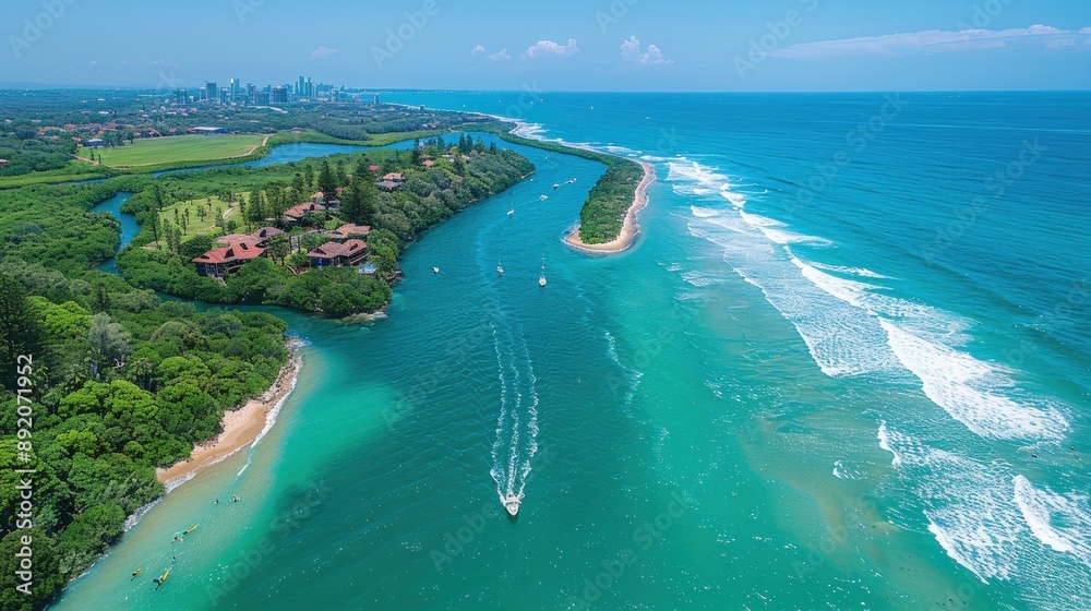 Panoramic aerial view of the beautiful beach and waterways. Panoramic aerial view of the beautiful beach and waterways.