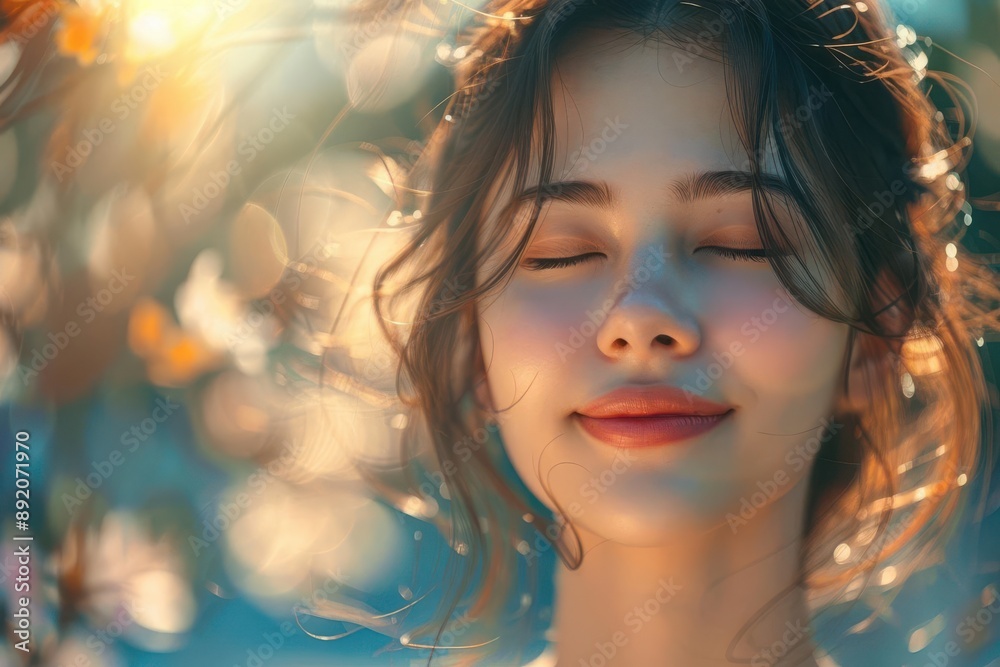 A woman with closed eyes smiles gently, surrounded by a soft, glowing background of white flowers. A woman with closed eyes smiles gently, surrounded by a soft, glowing background of white flowers.