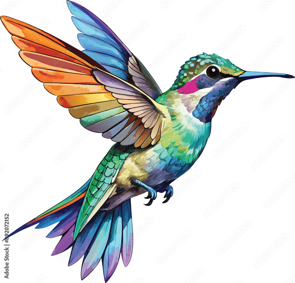 Fototapeta premium Vibrant watercolor hummingbird clipart brings nature to life. 