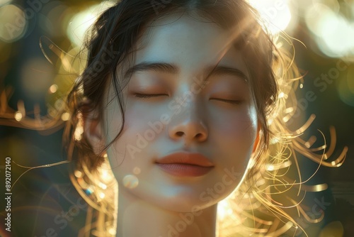 A woman with her eyes closed, basking in the warm glow of the sun. Her skin is radiant, and her expression is peaceful.