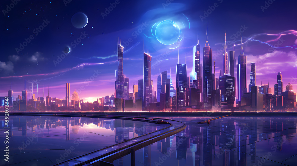 Fototapeta premium Futuristic Metropolis: A Dusk Cityscape in CG Motion Graphics