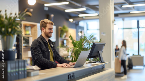 Modern Office Reception Area with Friendly Receptionist Greeting Visitors in a Welcoming and Professional Environment