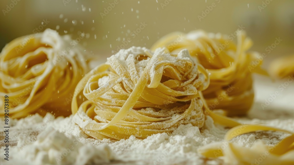 Uncooked pasta nests with flour and seasonings Uncooked pasta nests with flour and seasonings