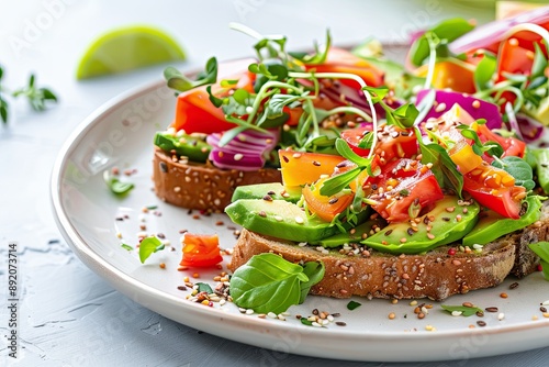 Fresh Avocado Toast with Colorful Toppings, Delicious avocado toast topped with vibrant vegetables and seeds, presented on a rustic plate for a healthy and appetizing meal.
