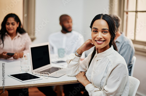 Portrait, business woman and laptop for team with colleagues, collaboration and meeting in office. Female person, smile and tech as web designer, employee and mockup space for brief or presentation