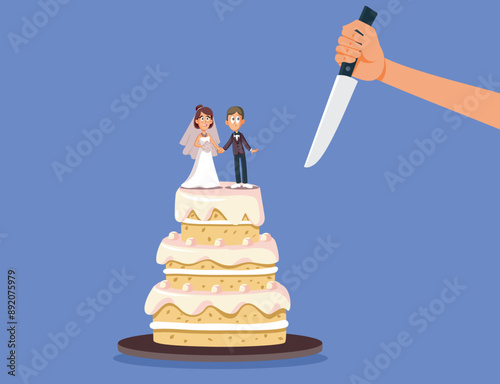 Funny Conceptual Divorce Cake Vector Separation illustration. Goodbye marriage moving on humorous wedding cake 
