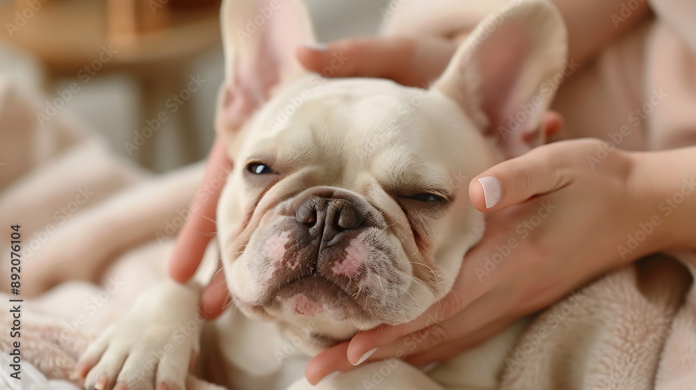Close-Up of a French Bulldog Being Gently Pampered