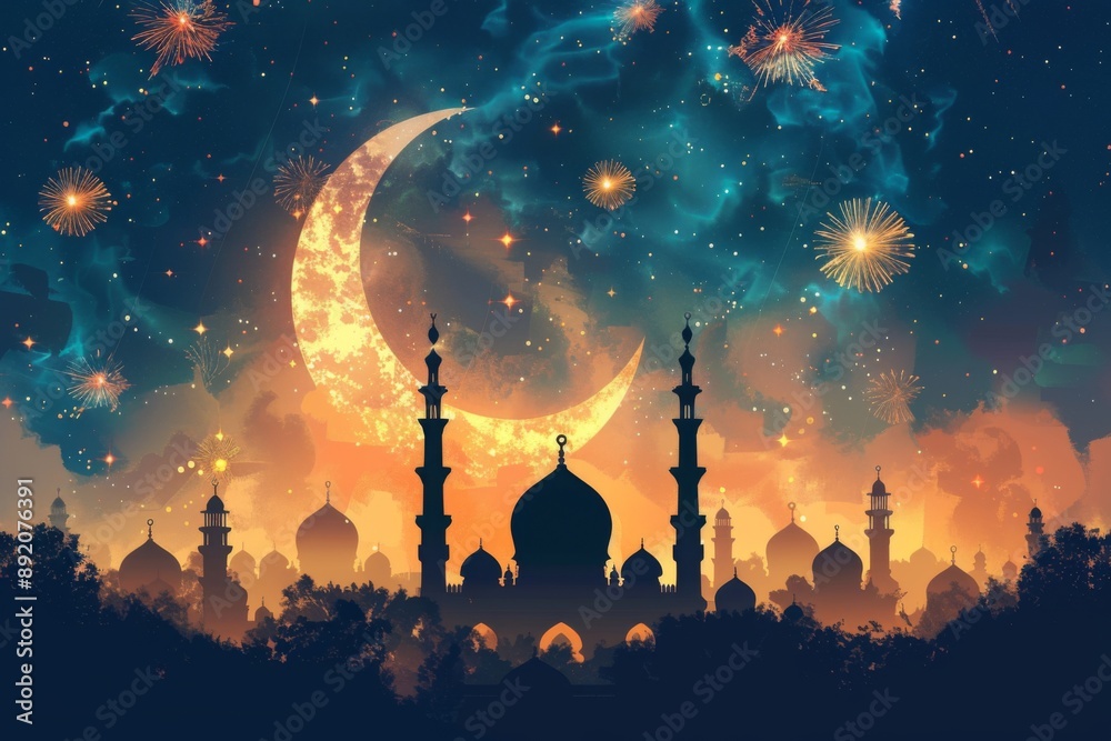Silhouette of Mosques Under a Crescent Moon and Fireworks Silhouette of Mosques Under a Crescent Moon and Fireworks