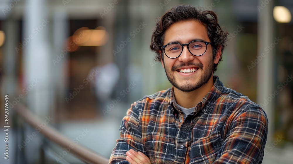 Young smiling happy man wearing glasses standing with arms crossed looking at camera Young smiling happy man wearing glasses standing with arms crossed looking at camera