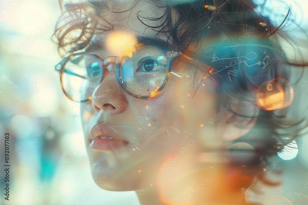Obraz premium A young person with glasses looks out a window, bathed in warm sunlight and blurred city lights.