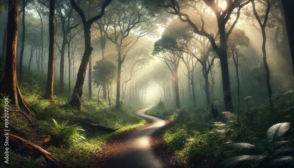 Obraz premium Path of Golden Light Through Enchanted Forest 