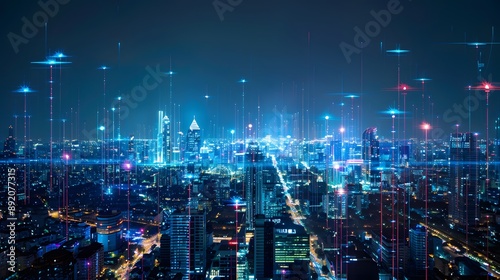 Wallpaper Mural Modern city with wireless network connection and city scape concept.Wireless network and Connection technology concept with city background at night.  Torontodigital.ca