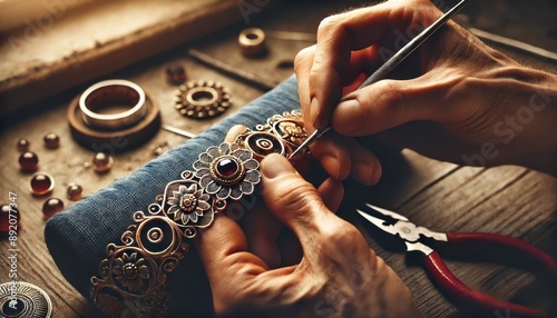 Masterful Craftsmanship: Close-up of a jeweler's hands meticulously crafting a beautiful silver bracelet with intricate details and gemstones, showcasing the artistry and precision of skilled craftsma photo