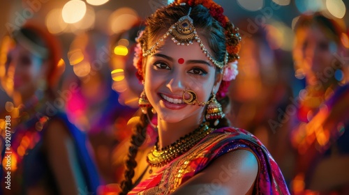 A young woman in traditional Indian attire smiles brightly during a festive celebration.