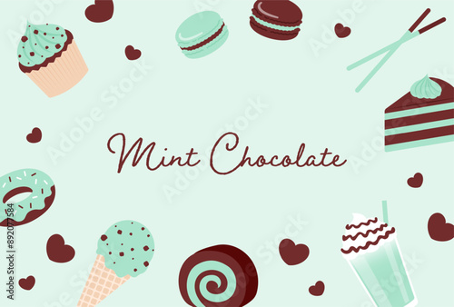 vector background with a set of mint chocolate cakes and desserts for banners, cards, flyers, social media wallpapers, etc.