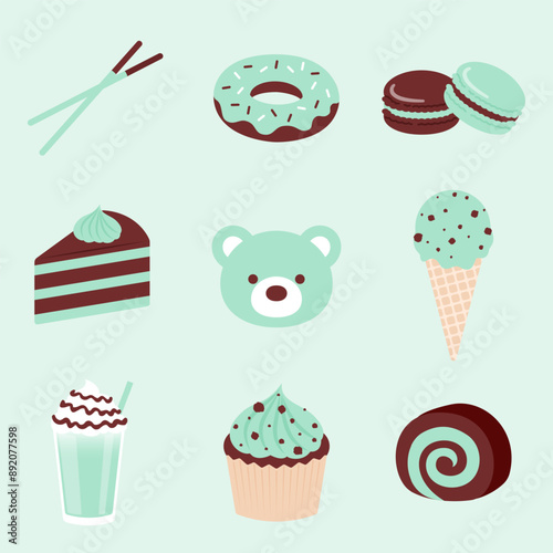 vector background with a set of mint chocolate cakes and desserts for banners, cards, flyers, social media wallpapers, etc.