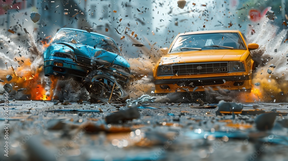 Fototapeta premium Two cars collided in an accident, a blue car and an orange car. It was a dynamic action scene with broken glass and debris flying around