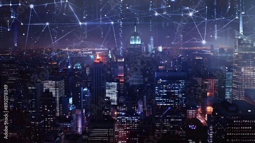 Wallpaper Mural Modern city with wireless network connection and city scape concept.Wireless network and Connection technology concept with city background at night.  Torontodigital.ca