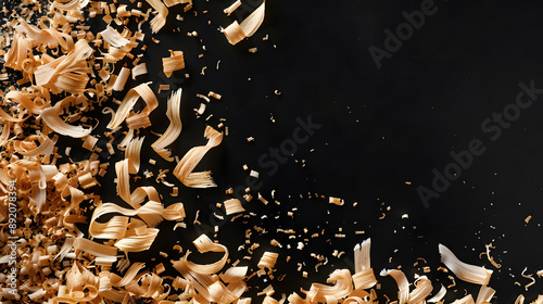 Wood Shavings Frame on Black Background with copyspace