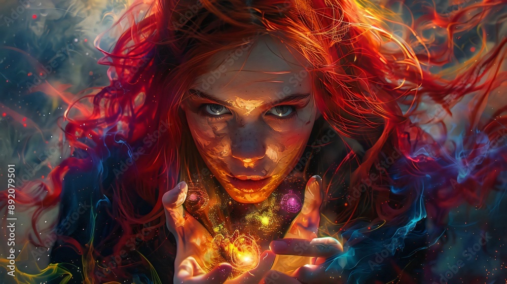 A mystical figure with fiery red hair conjures vibrant energies, embodying power and enchantment in a dreamlike atmosphere. A mystical figure with fiery red hair conjures vibrant energies, embodying power and enchantment in a dreamlike atmosphere.