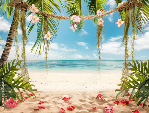 Hawaii Beach Party Photography Background with Sunset Tropical Ocean Sand and Festive Island Celebration