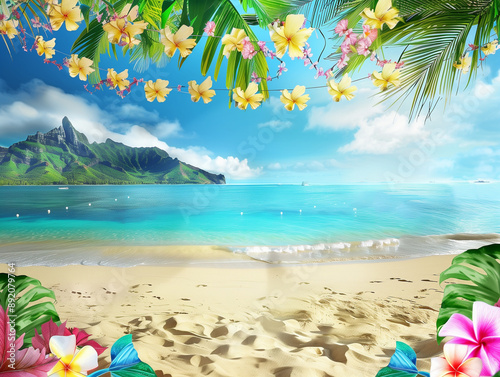 Hawaii Beach Party Photography Background with Sunset Tropical Ocean Sand and Festive Island Celebration