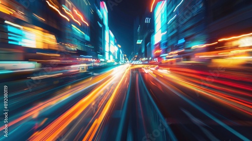 Dynamic motion blur of city lights at night creating a vibrant, energetic atmosphere with streaks of neon and warm colors. photo