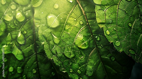 Sparkling dewdrops cling to a vibrant green leaf in a fresh summer morning