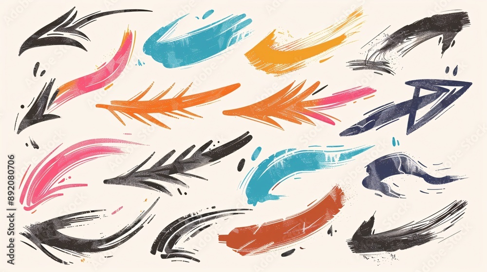 3. Detailed illustration of various bold, curved arrows drawn with brushes, showcasing a range of colors and thick wavy strokes, each arrow uniquely hand drawn with scratches on a clean background