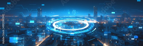 Futuristic Cityscape: A Blend of Real and Digital Elements Representing Urban Connectivity and Efficiency, with IoT Icons and Data Visualization in an American Metropolis. photo