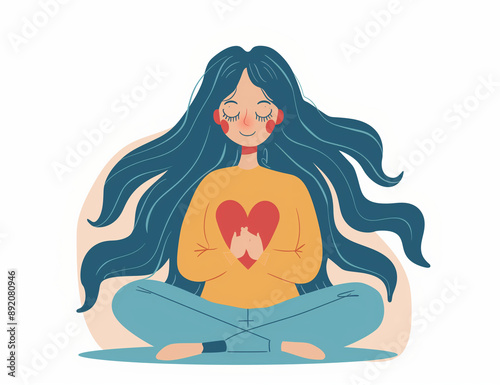 Young woman embraces a big red heart with mindfulness and love. Smiling female character sits in lotos pose with closed eyes and enjoys her freedom and life. Body positive and mental health concept.