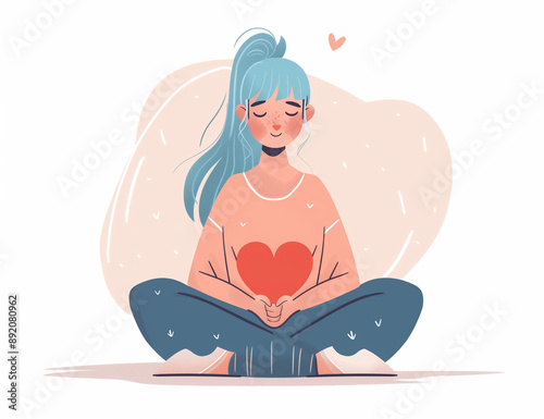 Young woman embraces a big red heart with mindfulness and love. Smiling female character sits in lotos pose with closed eyes and enjoys her freedom and life. Body positive and mental health concept.
