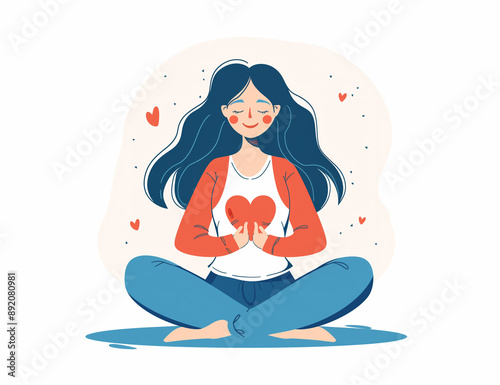 Young woman embraces a big red heart with mindfulness and love. Smiling female character sits in lotos pose with closed eyes and enjoys her freedom and life. Body positive and mental health concept.