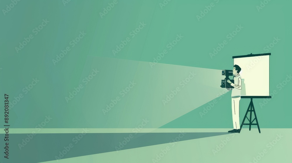 Obraz premium Presenter with Projector on Light Green Backdrop