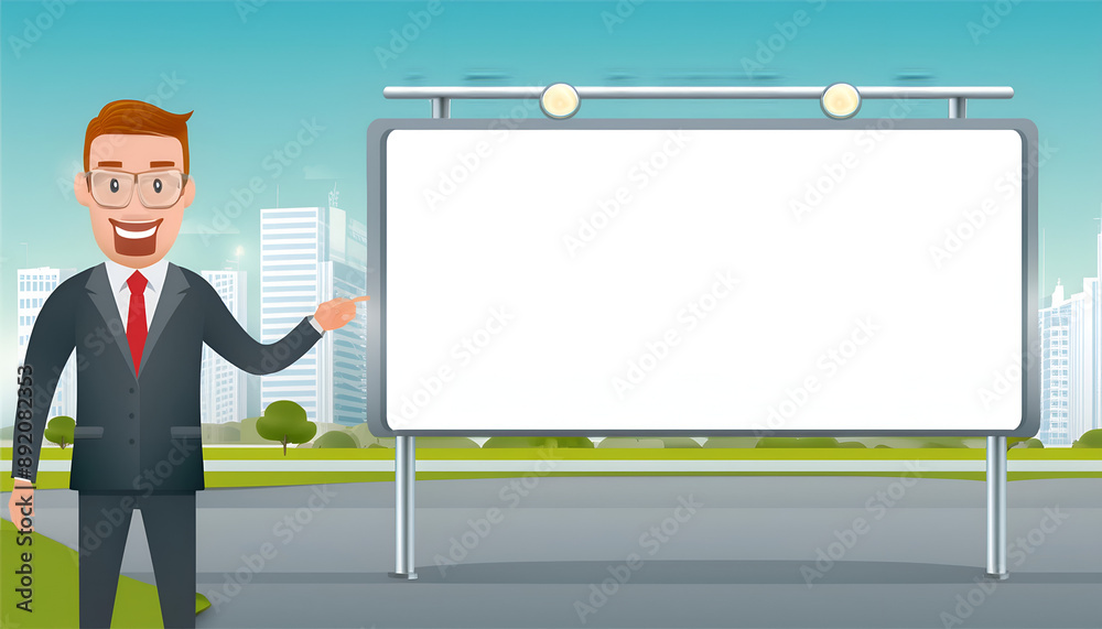 Smiling Businessman Pointing at Blank Billboard in Urban Setting Smiling Businessman Pointing at Blank Billboard in Urban Setting