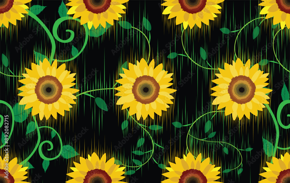 Ikat floral ethnic fabric sunflower seamless pattern. traditional ikat ethnic pattern style. Designed for saree, sarong, batik ,carpet ,clothing ,ikat pattern ,fabric ,embroidery ,textile art ,weaving