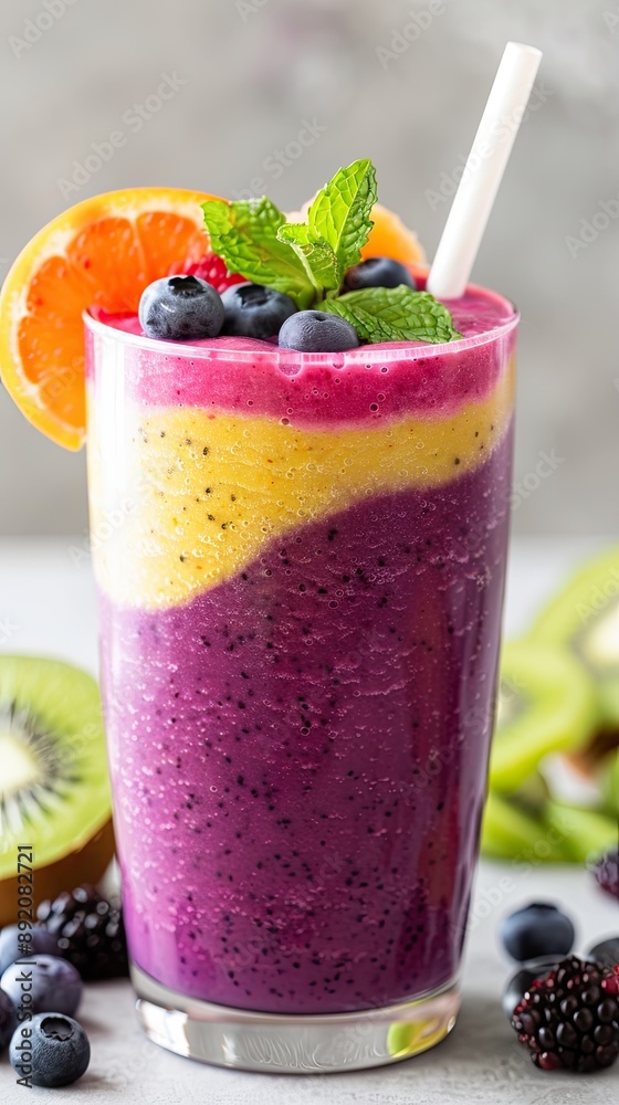 Layered Fruit Smoothie in Glass with Straw, A vibrant and colorful layered fruit smoothie served in a glass with a straw, garnished with fresh mint and berries.
Layered Fruit Smoothie in Glass with Straw, A vibrant and colorful layered fruit smoothie served in a glass with a straw, garnished with fresh mint and berries.