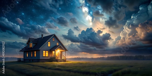 Landscape with house at night under cloudy sky AI-Created Content