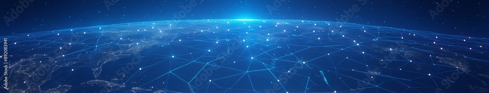 Fototapeta premium The Connectivity Grid: A Networked Matrix Covering the USA with Nodes and Routes Symbolizing Telecommunications Backbone in Digital Blue Tones.