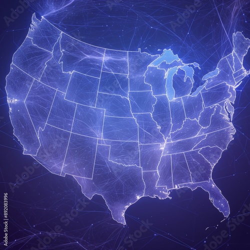 The Connectivity Grid: A Networked Matrix Covering the USA with Nodes and Routes Symbolizing Telecommunications Backbone in Digital Blue Tones. photo