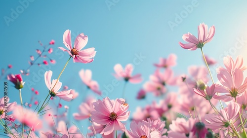 5. A picturesque display of pink spring flowers floating on a clear blue sky, the delicate petals forming an elegant and soothing summer wallpaper