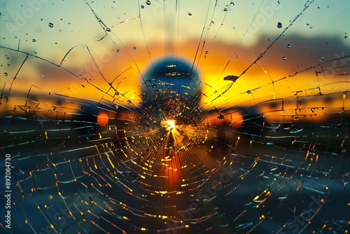 A plane is seen through a shattered window. photo