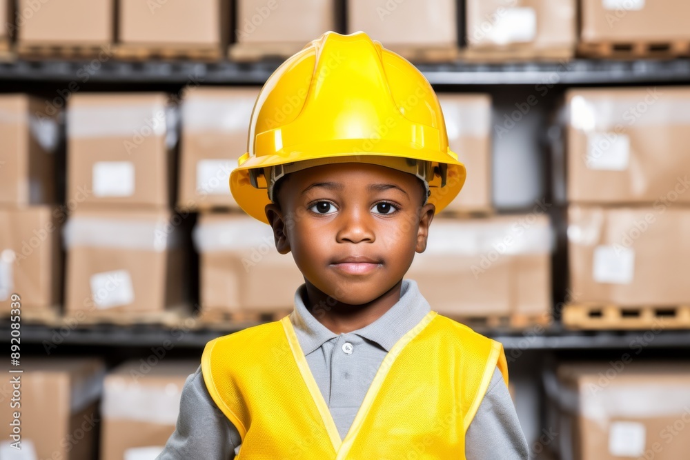 African child with a hard hat waiting for a delivery at a storage warehouse Isolated on white background African child with a hard hat waiting for a delivery at a storage warehouse Isolated on white background