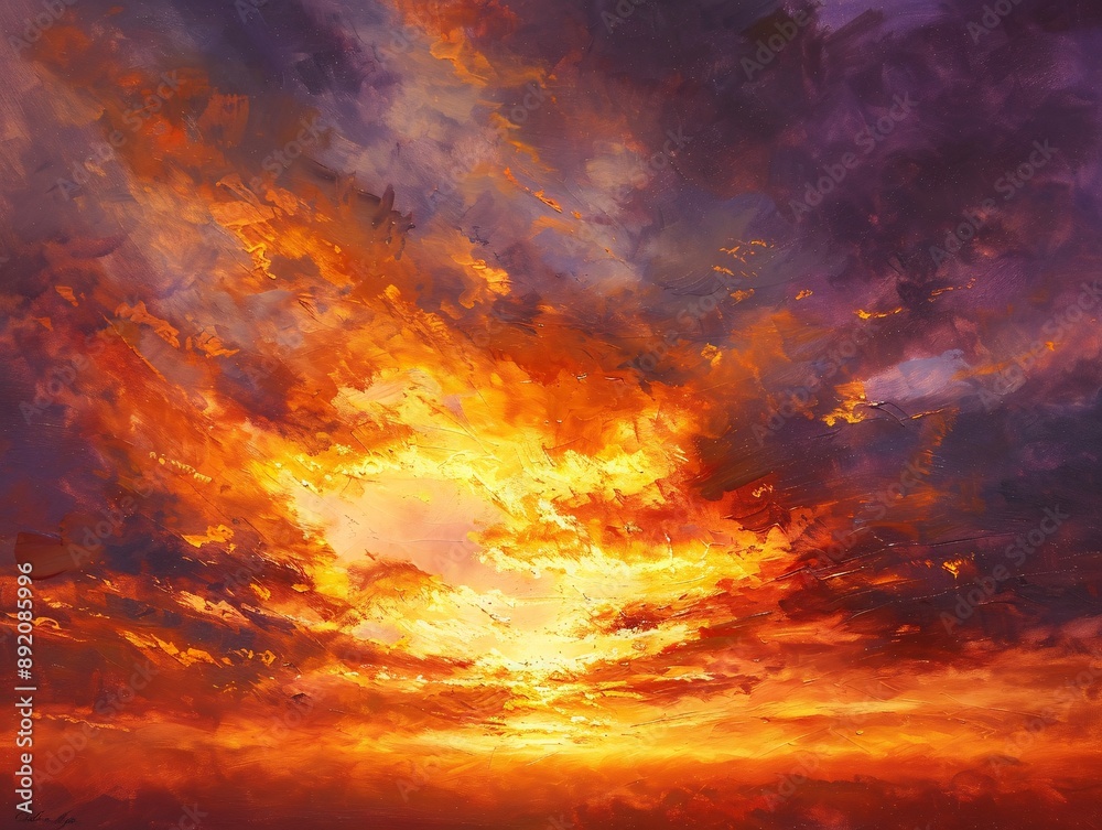 5. A mesmerizing sunset with a sky painted in vivid oranges and deep purples, the sun dipping below the horizon, casting a warm, golden light on scattered clouds, creating a stunning and serene 5. A mesmerizing sunset with a sky painted in vivid oranges and deep purples, the sun dipping below the horizon, casting a warm, golden light on scattered clouds, creating a stunning and serene
